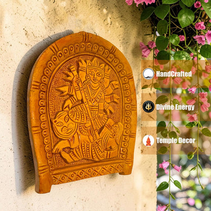 Maa Durga Murti Mahisasur Mardini Terracotta Wall Hanging Idol Murti | Sherawali Devi MATA Wall Art Decor for Home Temple, Mandir, Living & Office Decor | Spiritual Gift (22x19 CM)
