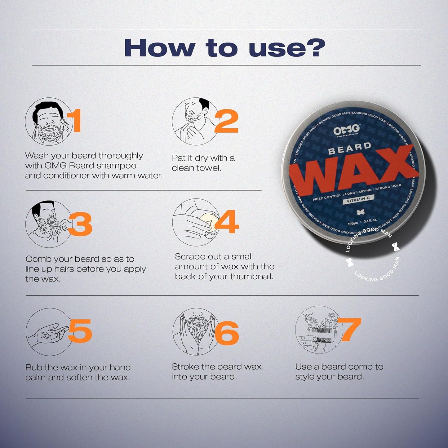 Instructions on how to use beard wax with a container of OMG Beard Wax displayed.