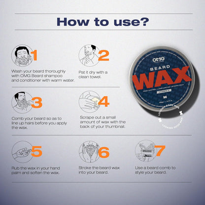 Instructions on how to use beard wax with a container of OMG Beard Wax displayed.