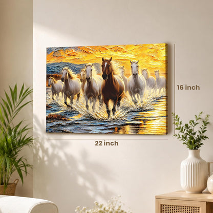 9 Running Horses Wall Art Painting For Living Room | Nine Horse Vastu Stretched Canvas Painting for Wall Decoration Items For Bedroom and Home, 16x22 Inch
