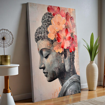 Stretched Canvas 3D Buddha Wall Art Textured Painting, Stretched Canvas Cherry Blossom Zen Spiritual Artwork Hand-Painted Tranquil Meditation Room Decor, Japanese Giclée Print 61x91 cm