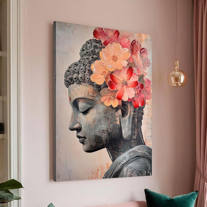Stretched Canvas 3D Buddha Wall Art Textured Painting, Stretched Canvas Cherry Blossom Zen Spiritual Artwork Hand-Painted Tranquil Meditation Room Decor, Japanese Giclée Print 61x91 cm