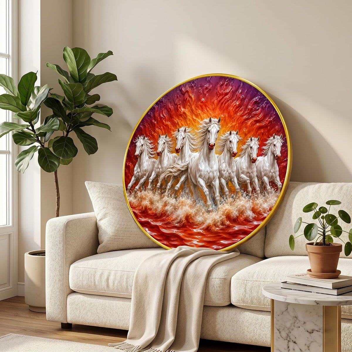 7 Horse Vastu Round Wall Painting with Premium PVC Golden Frame, White Running Horses Fire Ocean Art for Living Room Office Home Decor Gift (20 x 20 Inch) GRL-440
