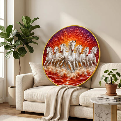 7 Horse Vastu Round Wall Painting with Premium PVC Golden Frame, White Running Horses Fire Ocean Art for Living Room Office Home Decor Gift (20 x 20 Inch) GRL-440