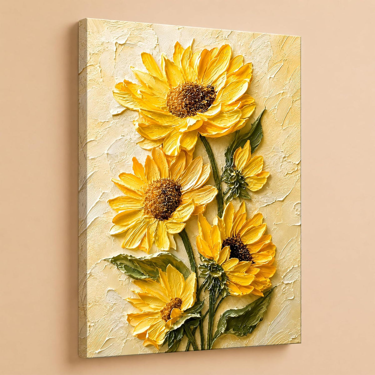 Textured Embossed Floral Canvas Wall Art Painting for wall decoration, Vibrant Yellow Sunflower Motifs Stretched Canvas Painting for living room, bedroom, office and Home, 16x22 Inch
