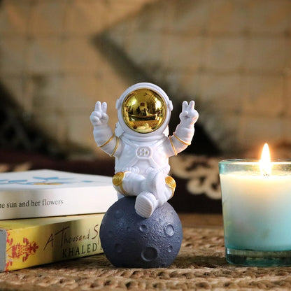 Astronaut Figurine Showpiece for Home Décor, Office Desk, Car Dashboard & Table Decoration | Space Astronaut Statue Collectible Gift for Home, Room & Workspace (Sitting on Moon Golden Large)