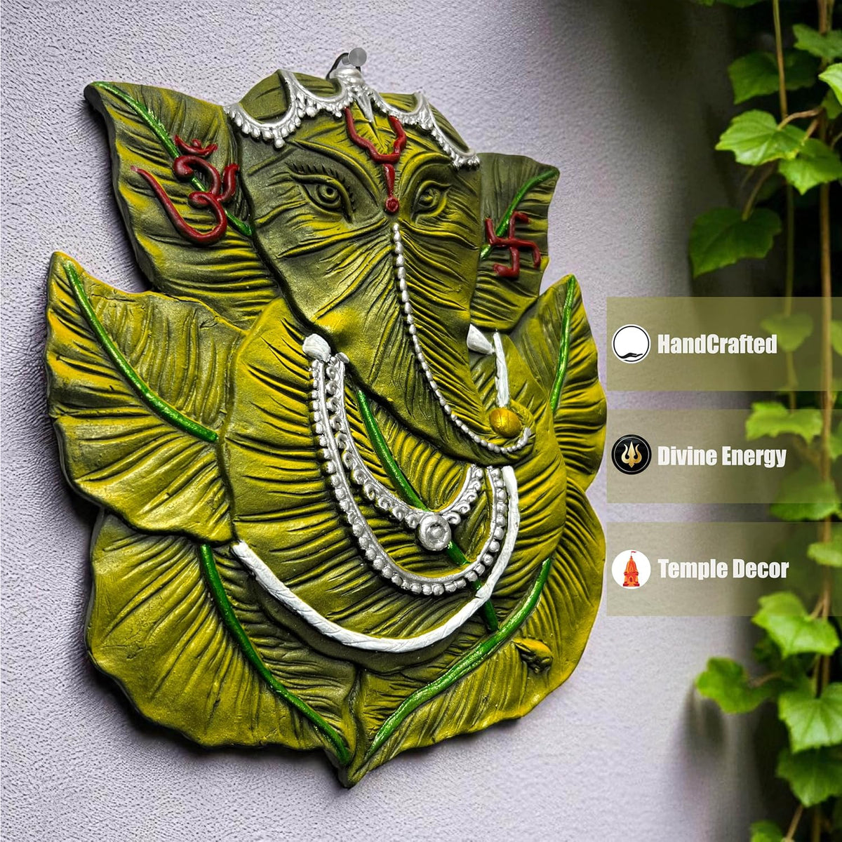 Patta Leaf Ganesh Ji Terracotta Wall Hanging Idol Murti| Ganpati Bappa Ganesha Wall Hanging for Door Entrance, Main Gate, Mandir, Home & Office Decor | Spiritual Wall Decor (23x20 CM)