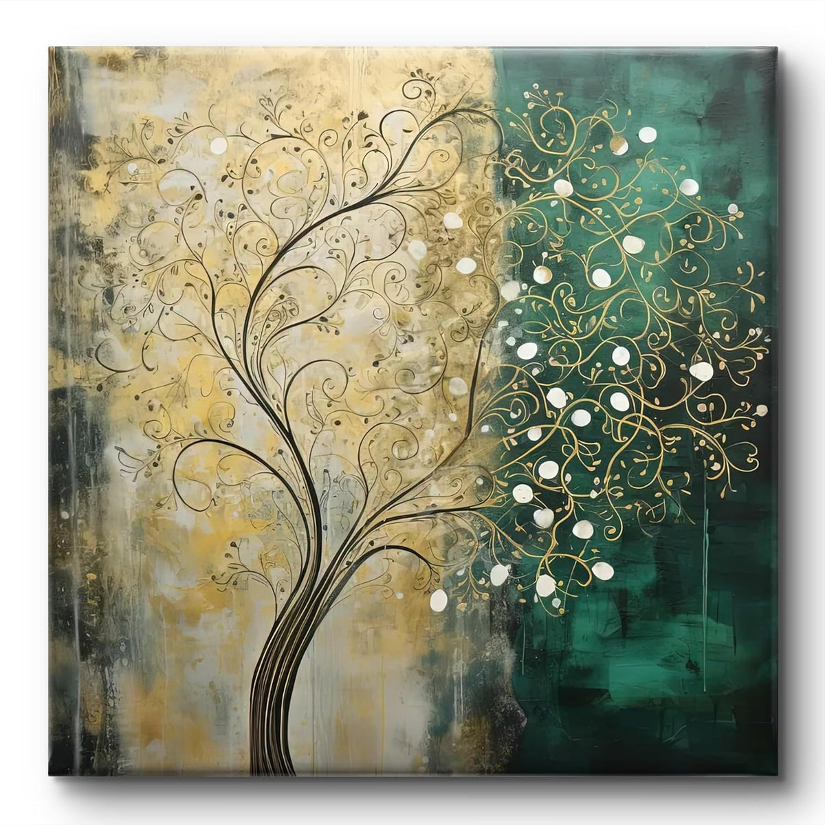 Abstract Tree Wall Art Canvas, Teal and Gold Botanical Painting, Modern Home Decor, 2-Tone Design 16 Inch x 16 Inch CVS-38116