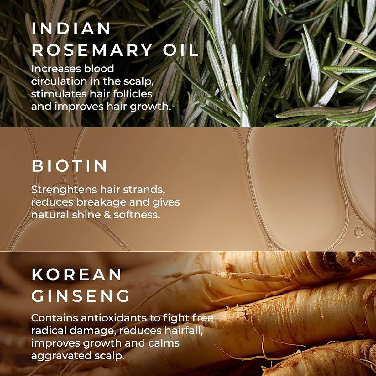 Text about Indian Rosemary Oil, Biotin, and Korean Ginseng with corresponding images of rosemary, Biotin supplement, and ginseng root.