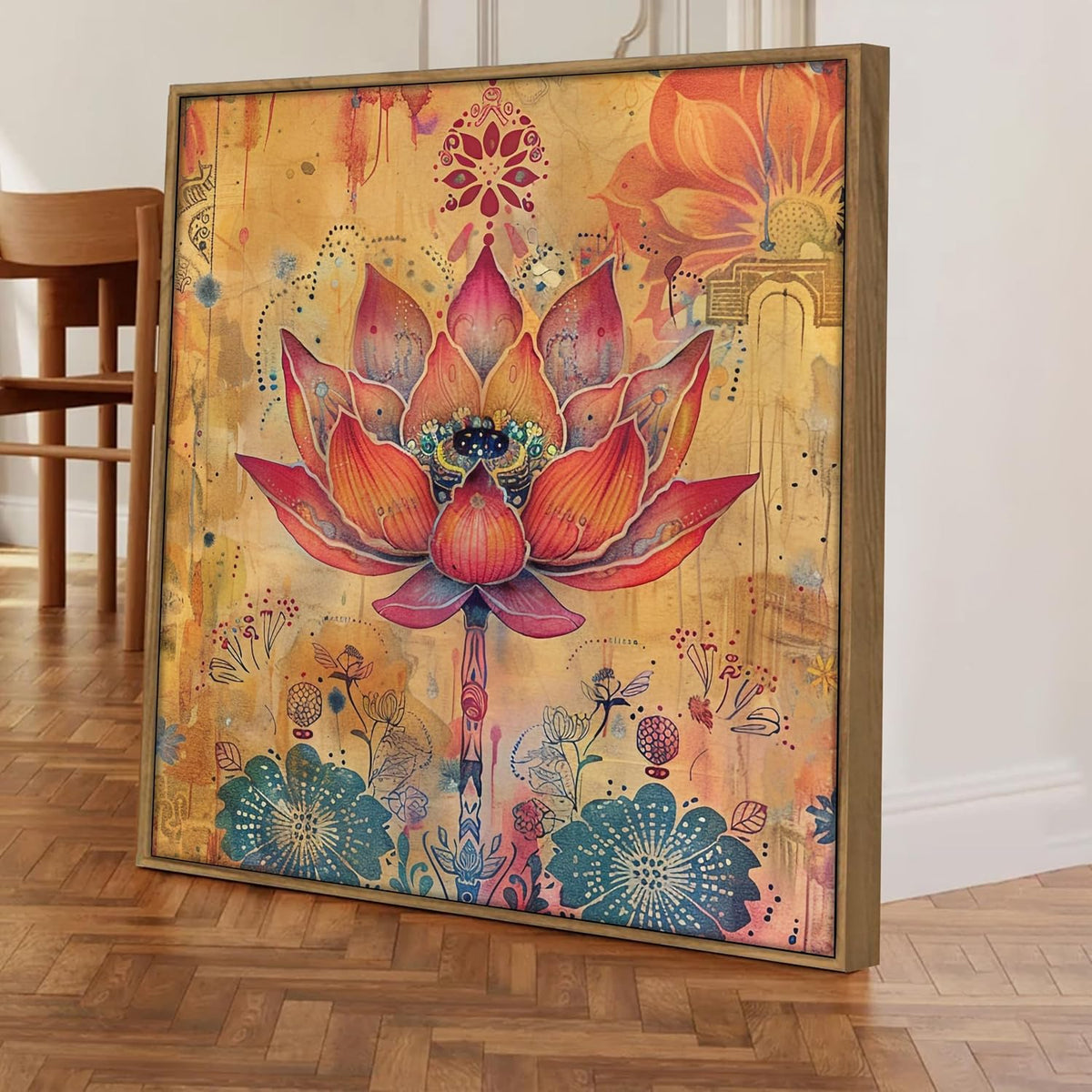 Floral Vastu Lotus Framed Canvas Wall Art Painting for Living Room | Bohemian Botanical Artwork Painting with Frame | Modern Decorative Wall Décor for Home, Bedroom & Office, 23x23 Inch