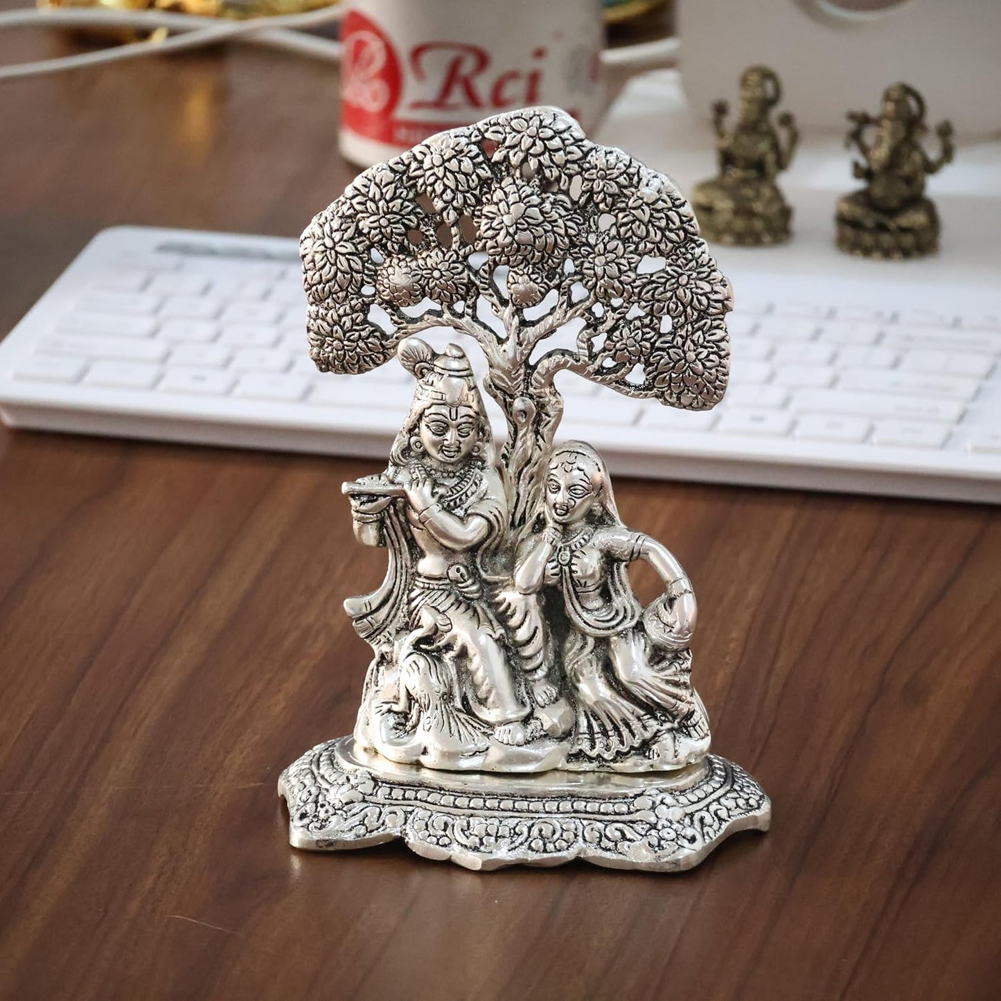 KridayKraft Metal Radha Krishna Idol with Under Tree Decorative Showpiece Statue for Puja Room Home Office Desk Gift Items Ornate Metal Sculpture of Hindu Deities, 18 cm Height Silver