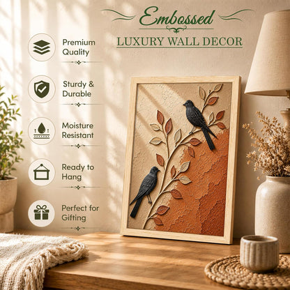 Modern Abstract 3D Textured Embossed Bird Painting for Living Room, Terracotta & Neutral Birds on Branch Motifs Rectangular Shape Framed Wall Painting for Home Decor (Size: 13x17 Inch)