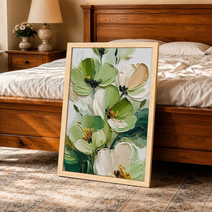 Modern Abstract 3D Textured Floral Painting for Living Room, Green & White Flower Motifs Rectangular Shape Framed Wall Painting for Home Decor (Size: 8x12 Inch)