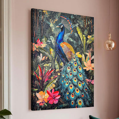 Stretched Canvas 3D Peacock Wall Art Textured Painting, Stretched Canvas Vibrant Peacock Print Hand-Painted Tropical Bird and Jungle Theme Decor, 3D Giclée Print Wall Decor 61x91 cm
