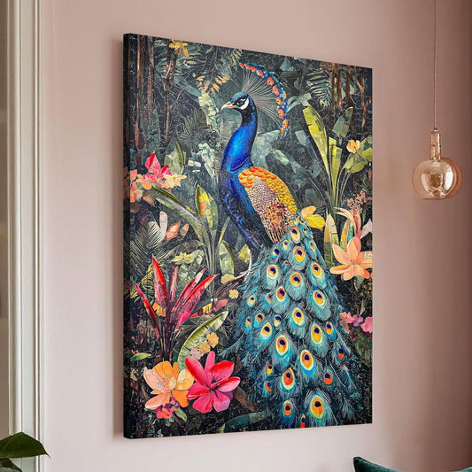 Stretched Canvas 3D Peacock Wall Art Textured Painting, Stretched Canvas Vibrant Peacock Print Hand-Painted Tropical Bird and Jungle Theme Decor, 3D Giclée Print Wall Decor 61x91 cm