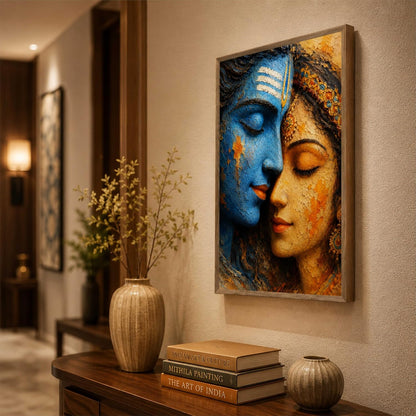 Shiv Parvati Face Wall Painting for Living Room Bedroom Hall Office Decor, Devotional Artwork with Sparkle Laminate and Premium Wooden Synthetic Frame (19.5 x 25.5 Inch) NL01-4112