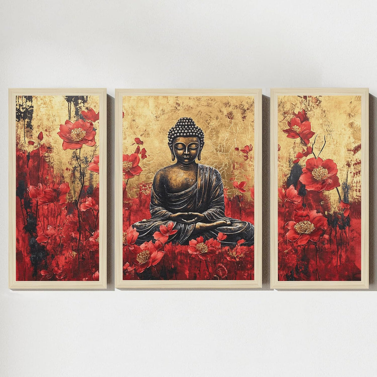 Buddha Floral Abstract Framed Wall Art Painting Home Décor Pack Of 3 | Digital Scenery Painting with Frame | Suits Hallways, Living Room, Bedroom, Office Set Of 3, 22x46 cm, 33x44 cm