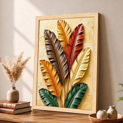 Modern Abstract 3D Textured Embossed Leaf Painting for Living Room, Warm Earth Tone Feather & Leaf Motifs Rectangular Shape Framed Wall Painting for Home Decor (Size: 13x17 Inch)