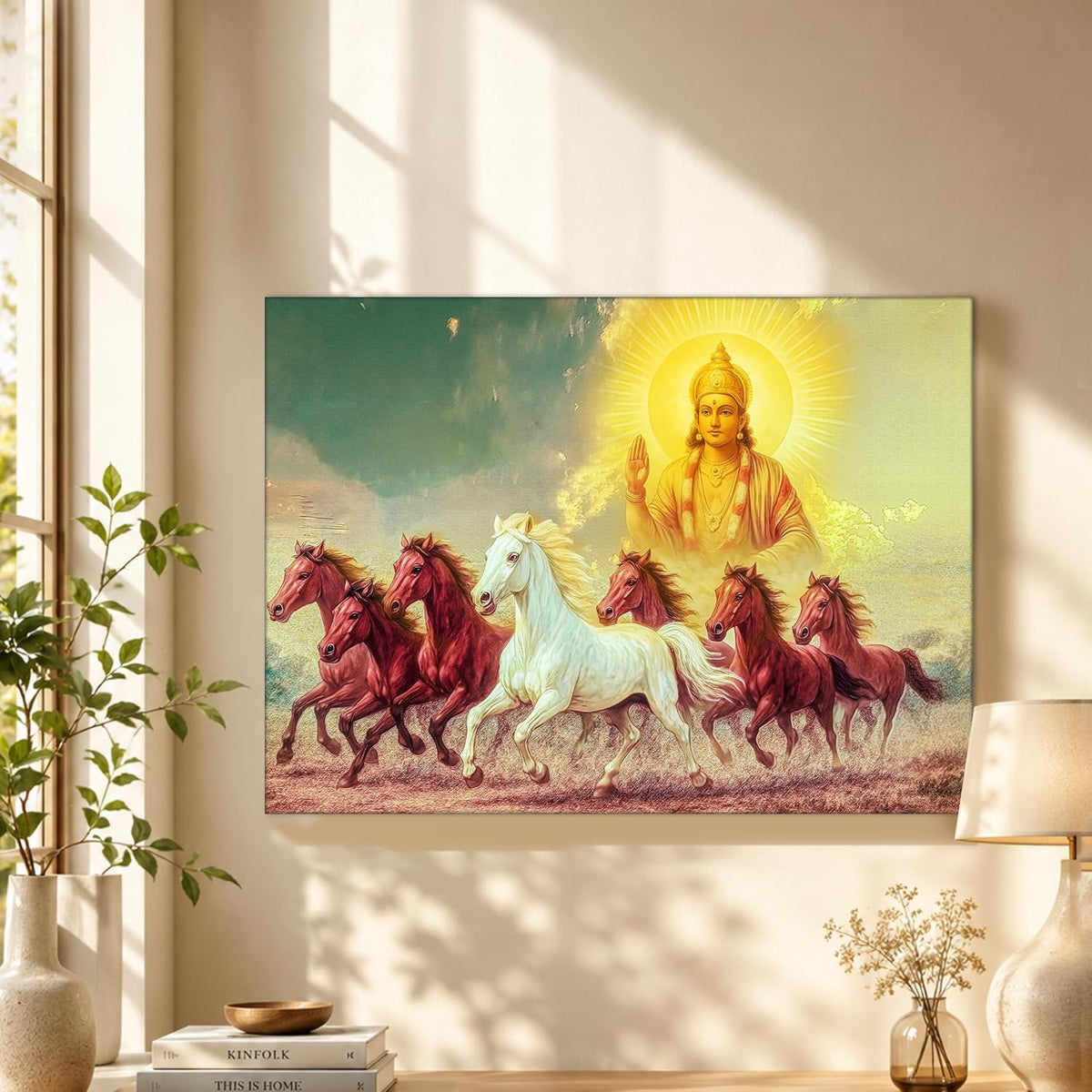 Shurya Dev 7 Running Horses Canvas Wall Art Painting For Living Room, Seven Horse Vastu Painting For Home, Office and Bedroom, Stretched Canvas (16x22 Inch)