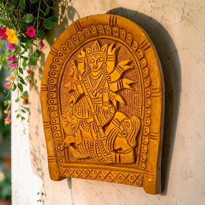 Maa Durga Murti Mahisasur Mardini Terracotta Wall Hanging Idol Murti | Sherawali Devi MATA Wall Art Decor for Home Temple, Mandir, Living & Office Decor | Spiritual Gift (22x19 CM)