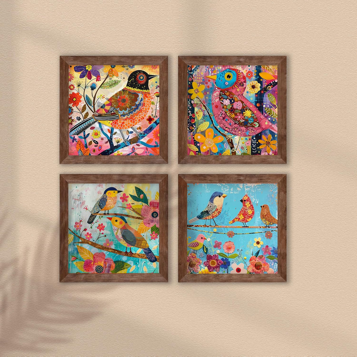 Multicolor Birds Wall Art Painting for living room, birds floral Framed painting, set of 4, 9x9 Inch