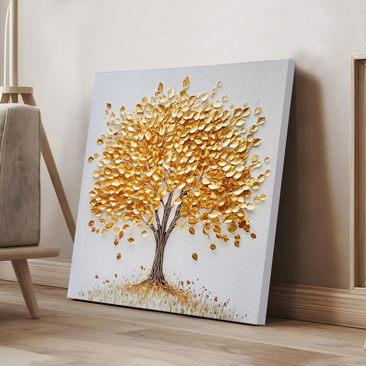 Stretched Canvas 3D Golden Tree Painting Textured Stretched Canvas Wall Art, Tree of Life Gallery Wrap Abstract Nature Artwork with Hand-Painted, Gold Tone 3D Giclée Print 61x61 cm