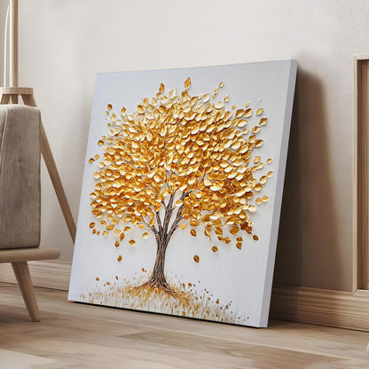 Stretched Canvas 3D Golden Tree Painting Textured Stretched Canvas Wall Art, Tree of Life Gallery Wrap Abstract Nature Artwork with Hand-Painted, Gold Tone 3D Giclée Print 61x61 cm