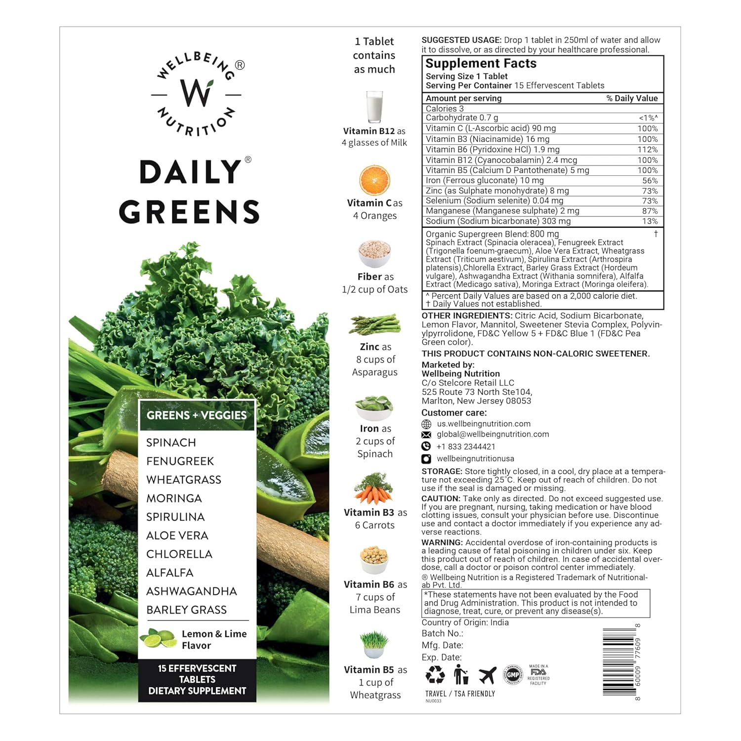 Zephivo Wellbeing Nutrition Daily Greens (15 Effervescent Tablets) | Wholefood Multivitamins with Vitamin C, Zinc, B6 for Immunity & Detox with Organic Certified Plant Superfoods & Antioxidants