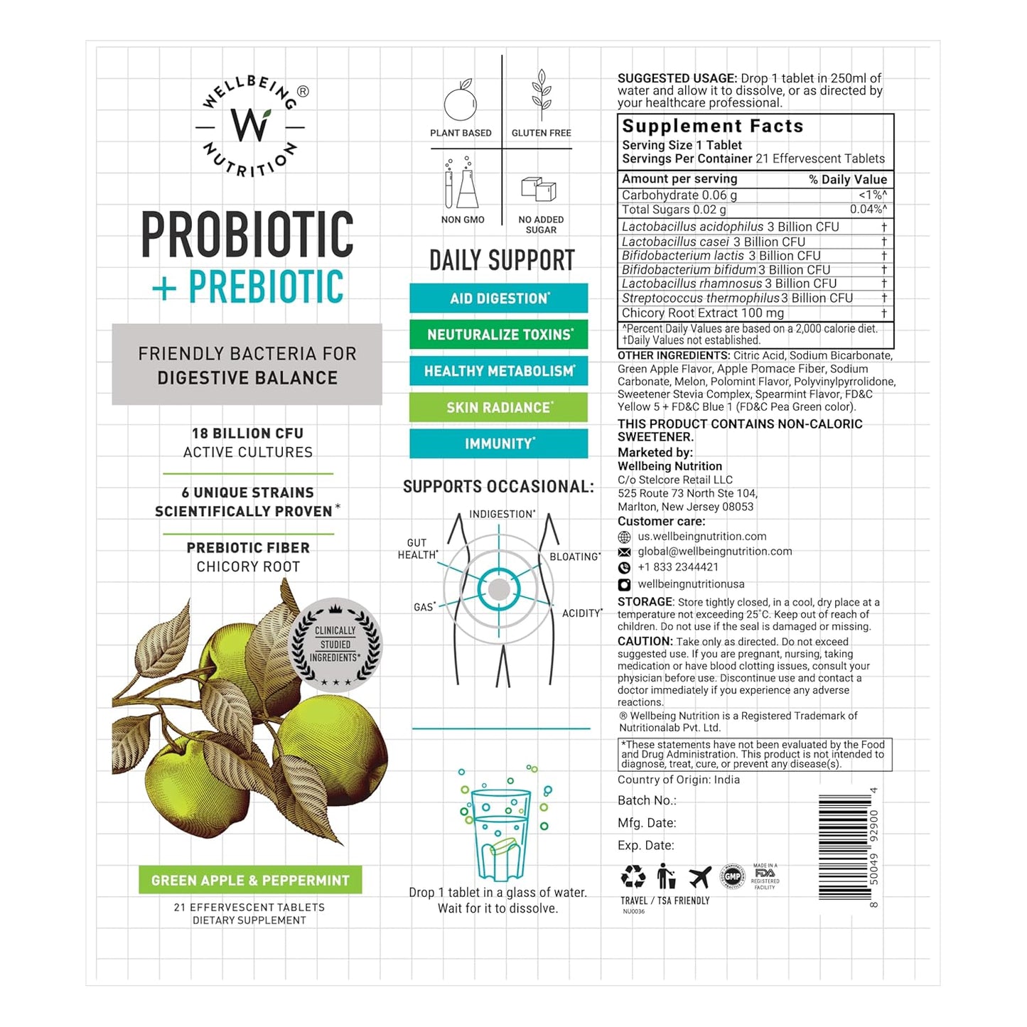 Zephivo Wellbeing Nutrition Daily Probiotics + Prebiotics | Improve Metabolism, Acidity Relief, Digestion & Gut Health | 18 Billion CFU Organic Probiotics Supplement for Men & Women (21 Effervescent Tabs)