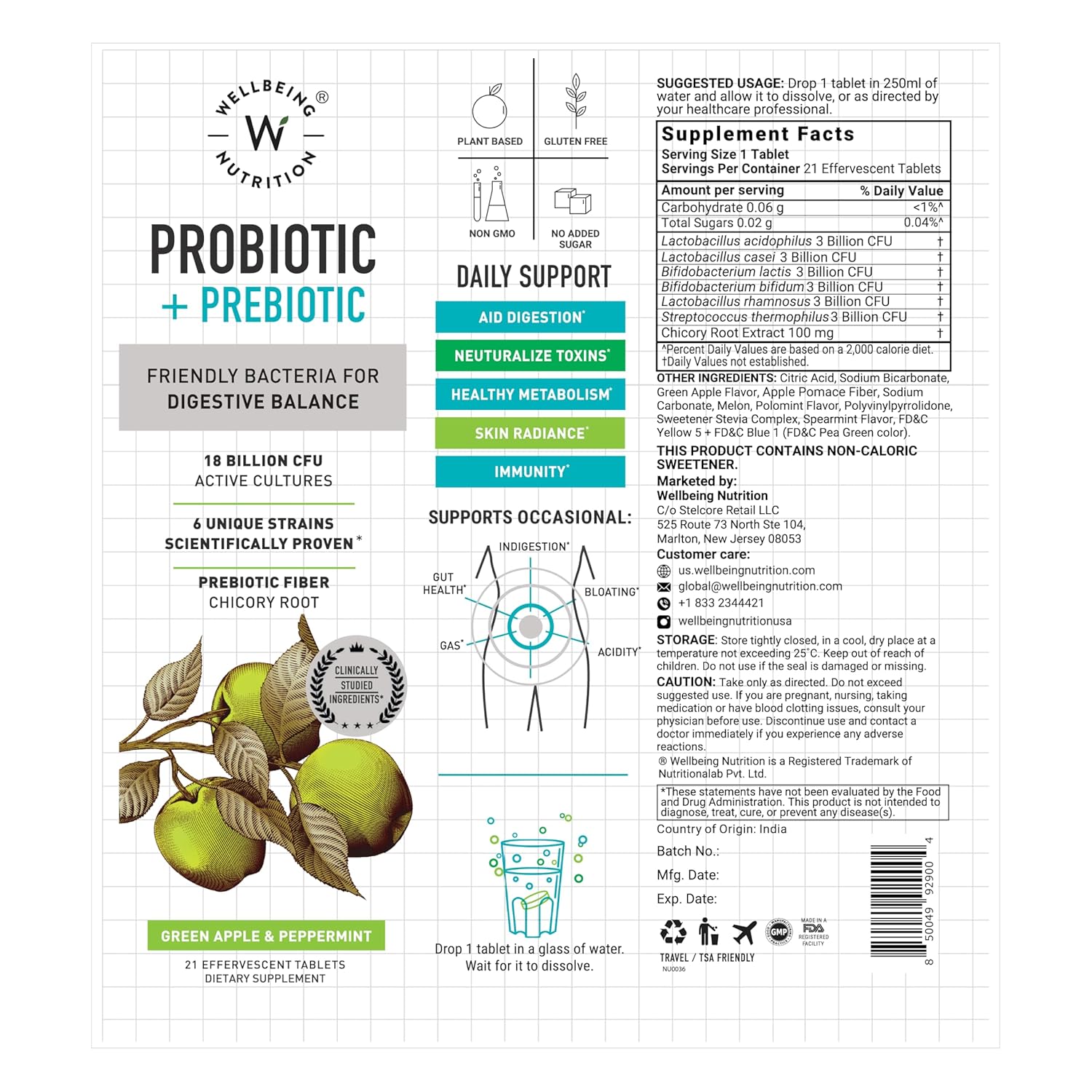 Zephivo Wellbeing Nutrition Daily Probiotics + Prebiotics | Improve Metabolism, Acidity Relief, Digestion & Gut Health | 18 Billion CFU Organic Probiotics Supplement for Men & Women (21 Effervescent Tabs)