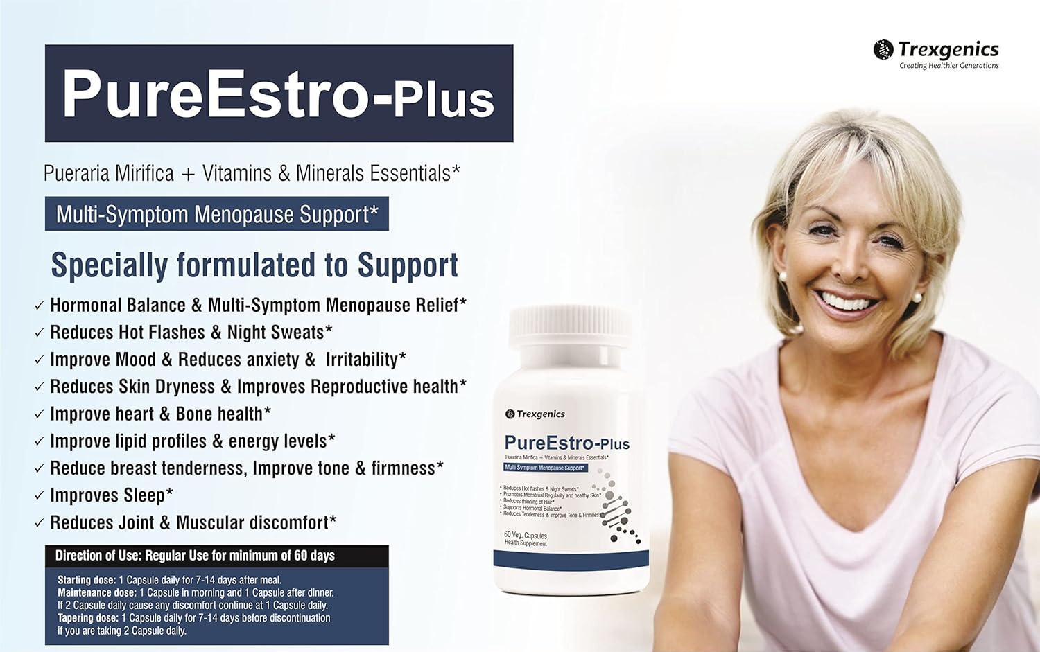 Advertisement for PureEstro-Plus supplement with a woman and product packaging.