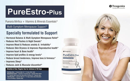 Advertisement for PureEstro-Plus supplement with a woman and product packaging.