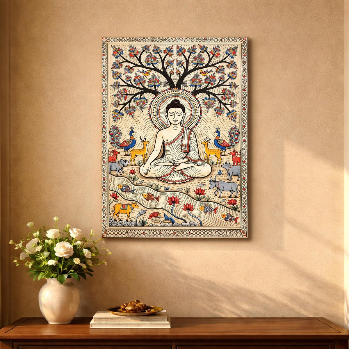 Madhubani Buddha Painting for Living Room, Buddha wall Art Painting for living room, Bedroom, office and Home, Canvas, 16x22 Inch