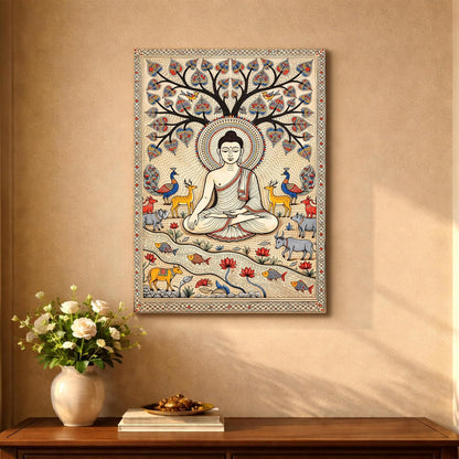Madhubani Buddha Painting for Living Room, Buddha wall Art Painting for living room, Bedroom, office and Home, Canvas, 16x22 Inch