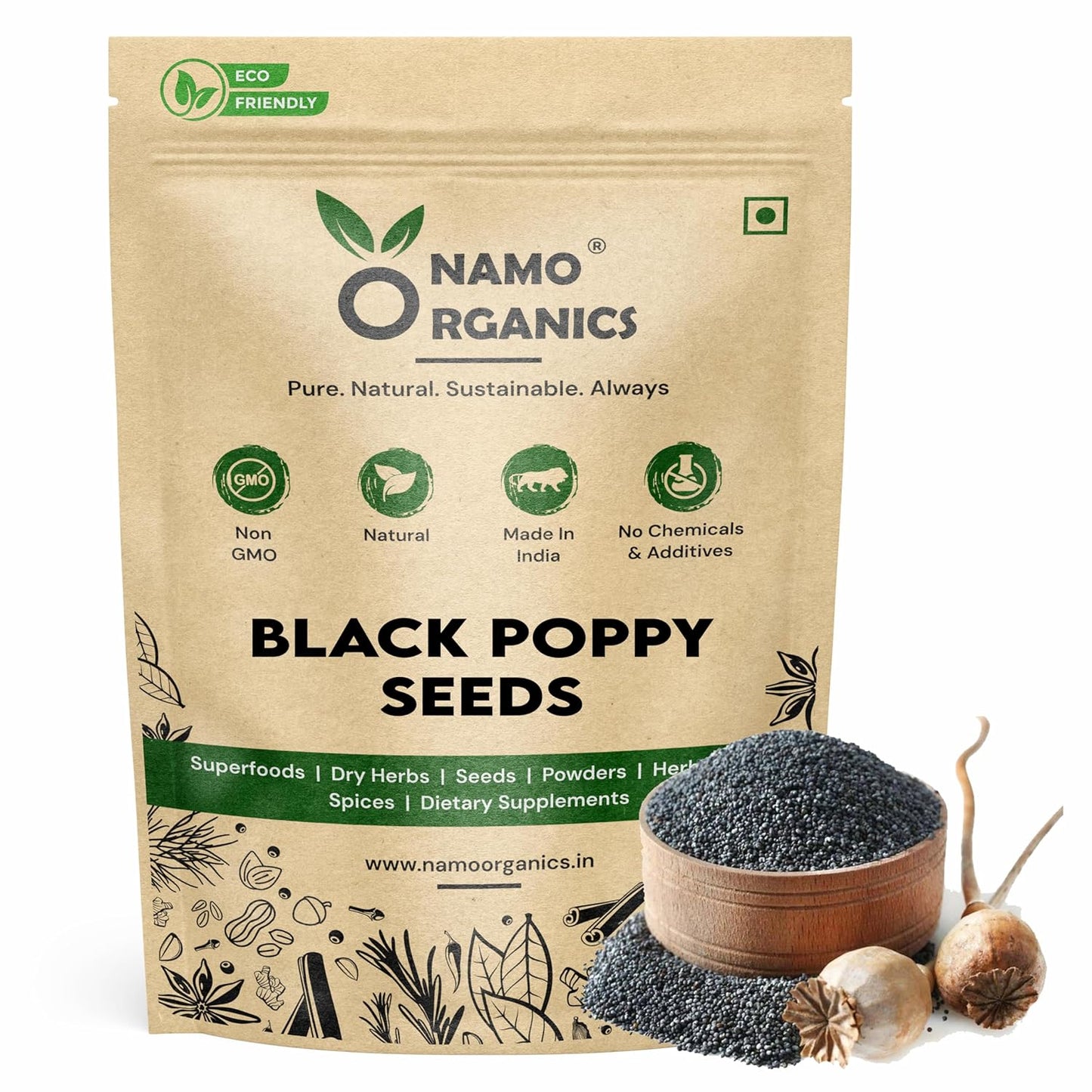 Namo Organics black poppy seeds packaging with seeds and seeds in a bowl on a white background