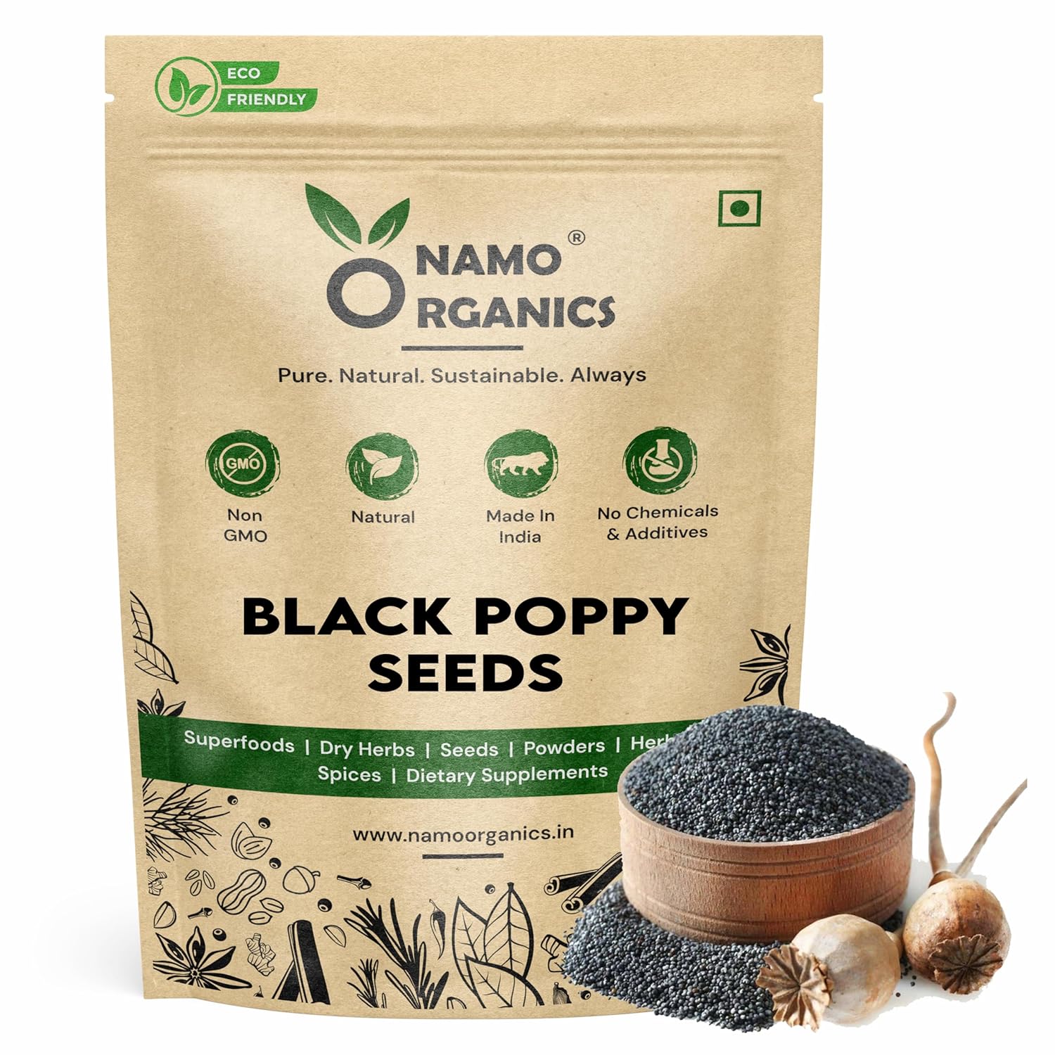 Namo Organics black poppy seeds packaging with seeds and seeds in a bowl on a white background