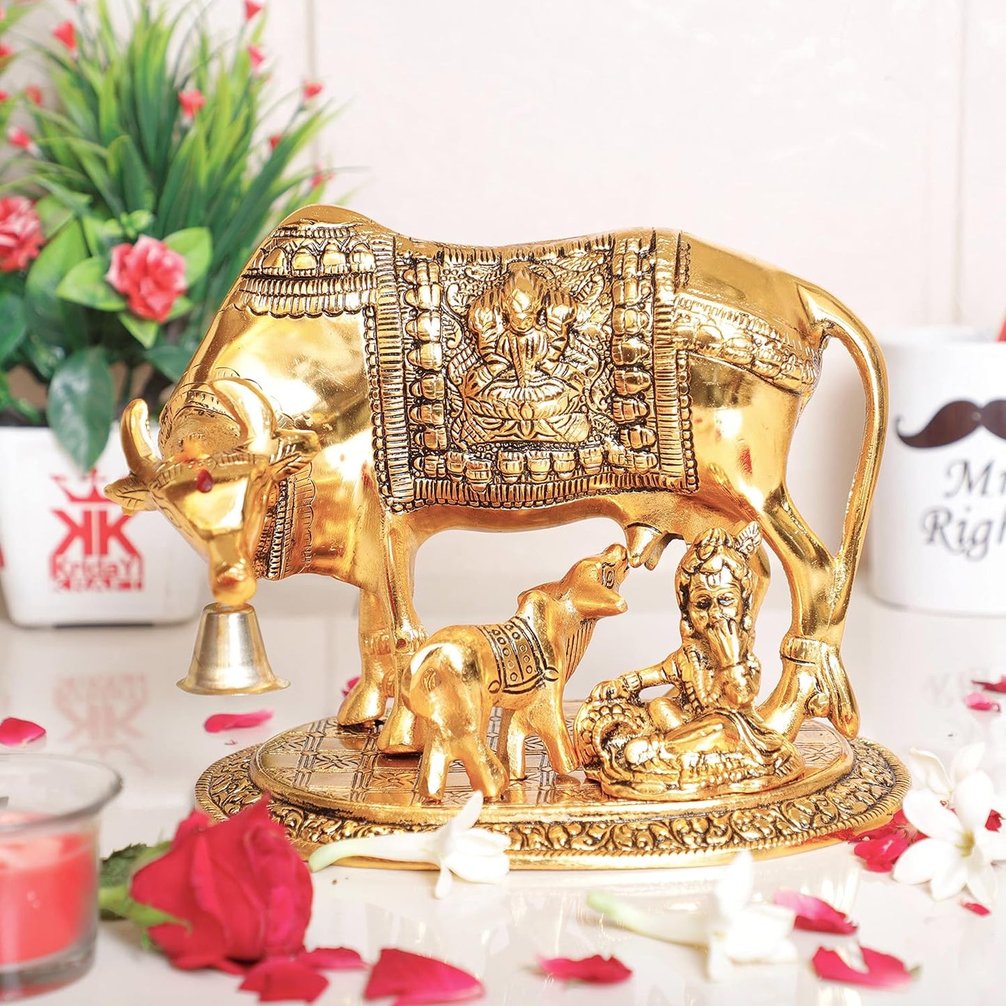 KridayKraft Kamdhenu Cow,Calf with Bal Gopal Krishna Metal Statue for Good Luck,Feng Shui As Table Top Figurine,Vastu,Religious Gau MATA Idol Home,Office&Table