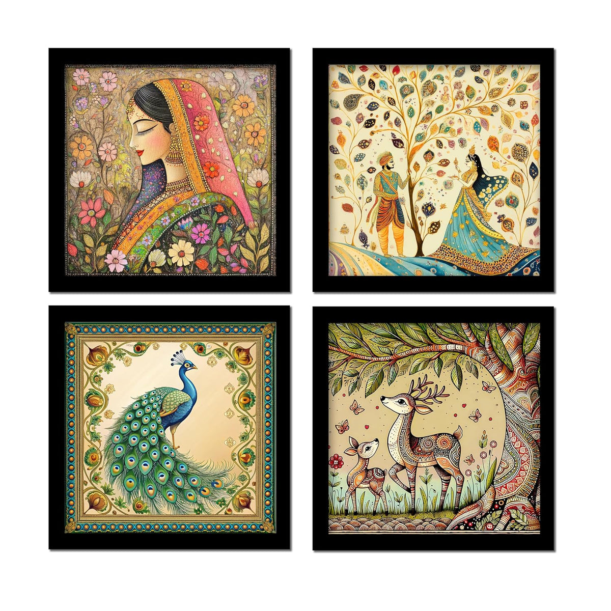 Rousrie Madhubani Art Framed Painting For Home, Living Room, Hall | Traditional Rajasthani Pichwai Art Paitnings With Frame For Home Decor (Set Of 4)
