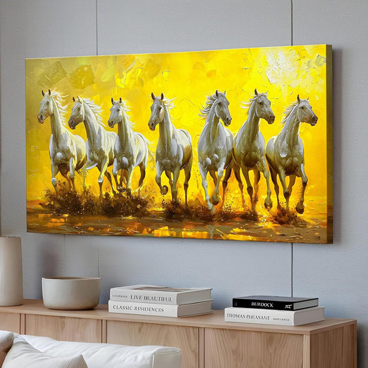 Vastu 3D White 7 Running Horses Painting for living room, Big size Seven Running Horses Wall Art painting for Home Decor Good Luck Success Prosperity Canvas Painting, Size 22x46 Inch