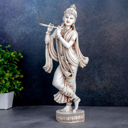 Krishna Idol Statue Showpiece for Pooja Home Decor Items for Living Room and Gifts (Stone White)