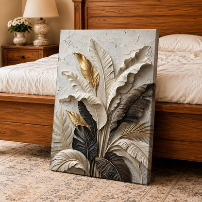 Textured Embossed Leaf Floral Canvas Wall Art Painting for wall decoration, Neutral & Gold Tropical Leaf Motifs Flower Stretched Canvas Painting for living room, bedroom, Office, 22x34 Inch