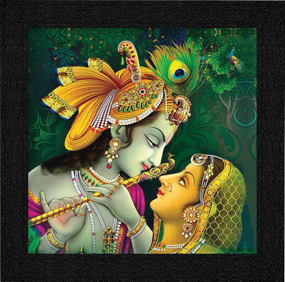 Religious Radha Krishna UV Coated Home Decorative Gift Item Framed Painting 12 inch X 12 inch SAA6137, Multicolor