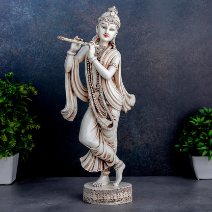 Krishna Idol Statue Showpiece for Pooja Home Decor Items for Living Room and Gifts (Stone White)