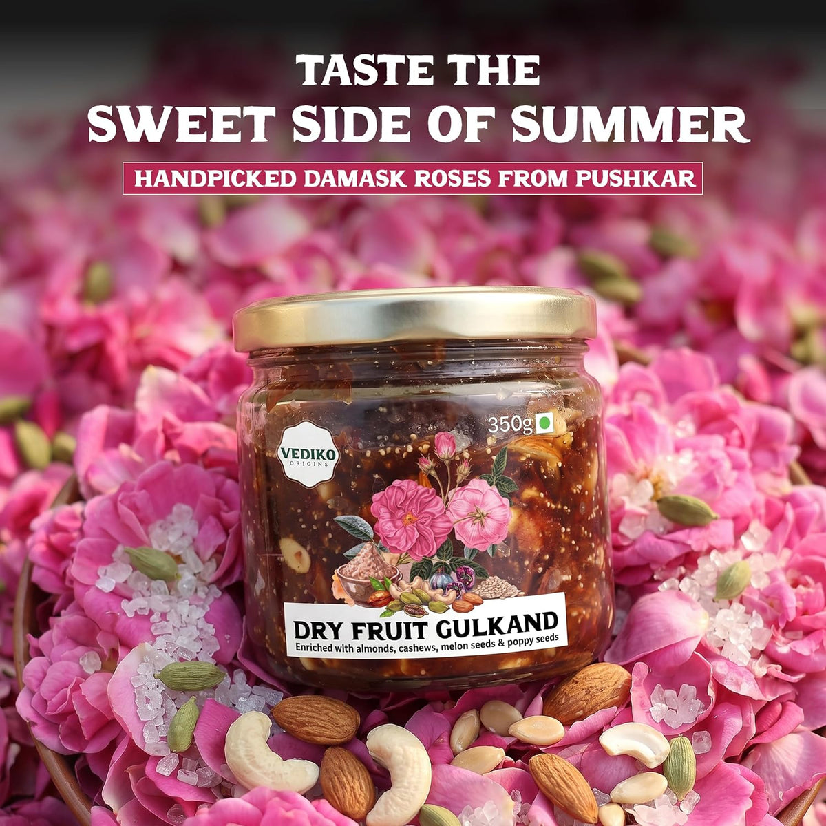 Vediko Origins Dry Fruit Gulkand | 100% Sun-Cooked Pure Rose Petal Jam With No Artificial Flavors For Gut Health | Sweetened With Raw Sugar (Mishri) | Improves Digestion | Natural Coolant