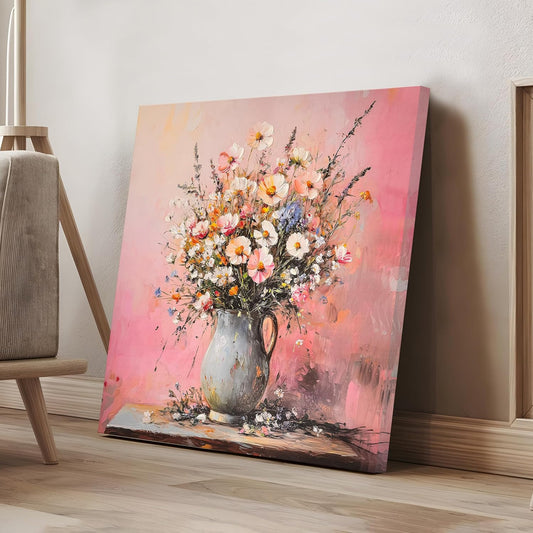 Stretched Canvas 3D Print Colorful Daisy Flower Vase Wall Art, Floral Theme Stretched Canvas Painting with Hand Painted, Giclée Print, 3D Texture, Modern Wall Decor with Side 61x61 cm
