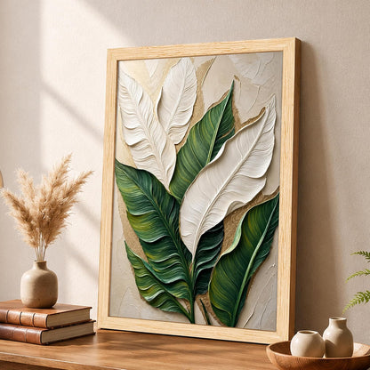 Modern Abstract 3D Textured Embossed Leaf Painting for Living Room, Green & White Tropical Leaf Motifs Rectangular Shape Framed Wall Painting for Home Decor (Size: 13x17 Inch)
