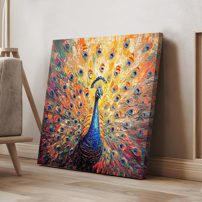 Stretched Canvas 3D Peacock Wall Art Textured Painting, Peacock Feather Art Hand-Painted Look, Stretched Canvas Giclée Print, Modern Living Room Home Decor, Side Gallery Wrap 61x61 cm