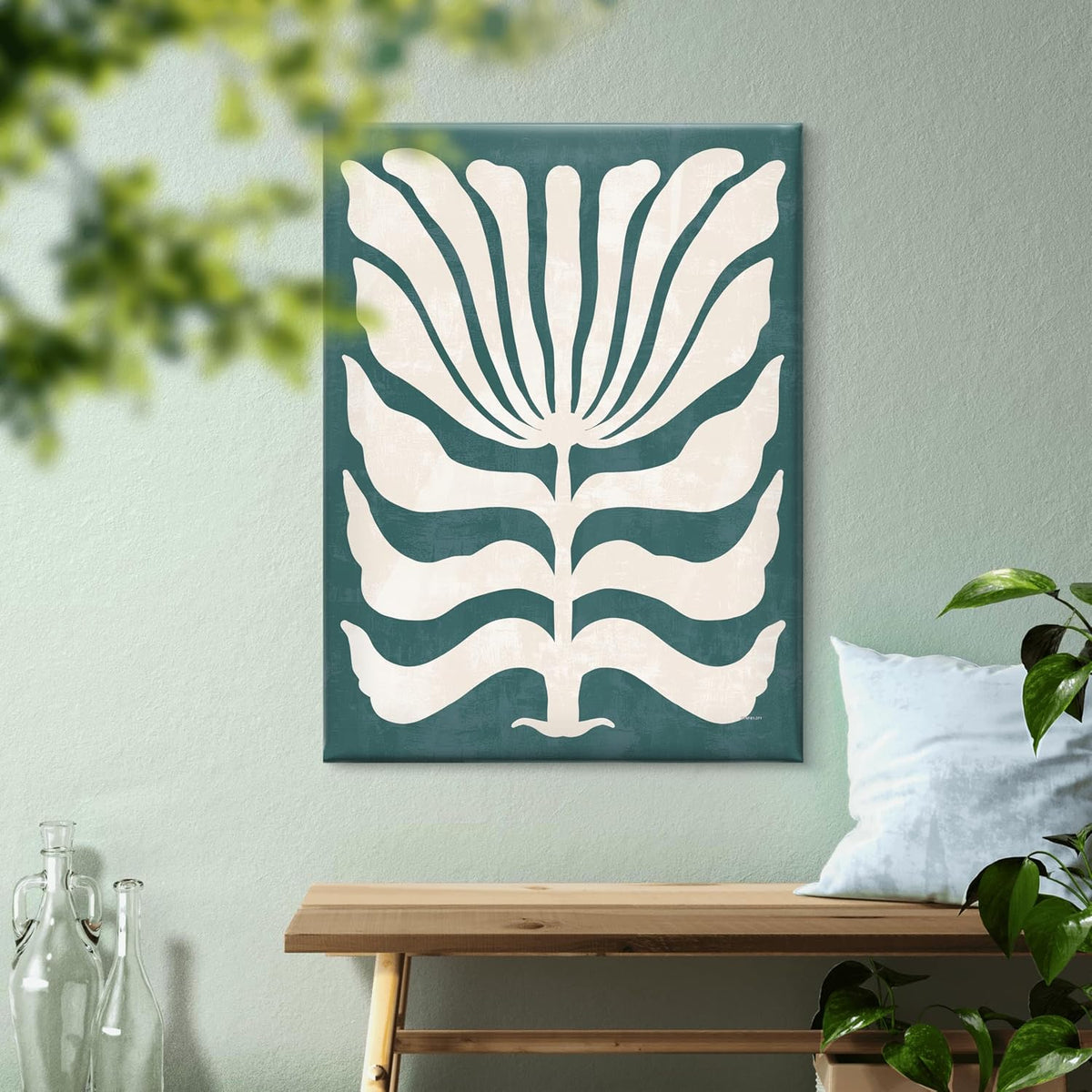 Modern Boho Floral Framed Canvas Wall Art – Abstract White Botanical Print on Teal | Minimalist Nature Décor for Living Room, Office & Bedroom (18 x 24 Inch) CVD-371
