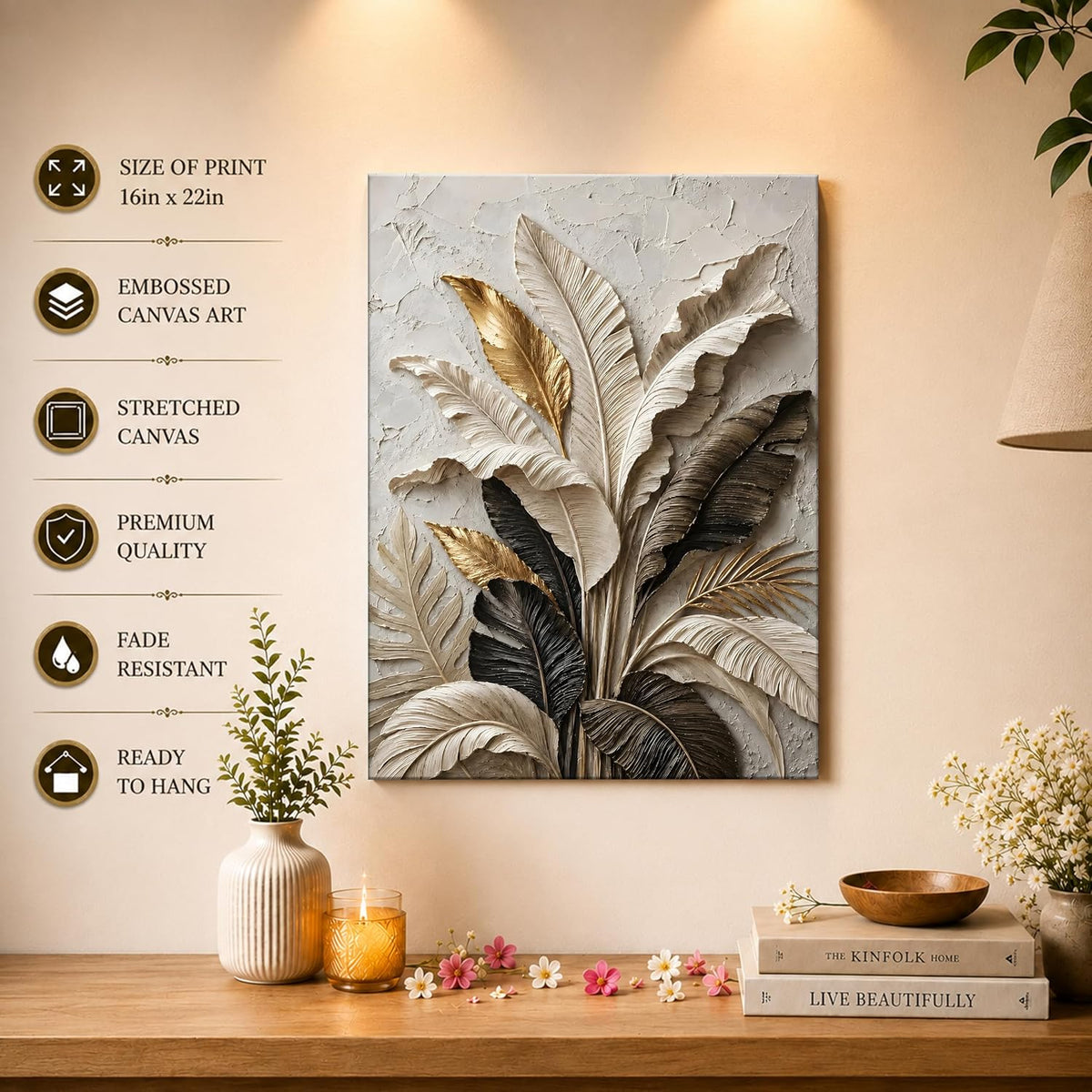 Textured Embossed Leaf Floral Canvas Wall Art Painting for wall decoration, Neutral & Gold Tropical Leaf Motifs Flower Stretched Canvas Painting for living room, bedroom, Office, 16x22 Inch