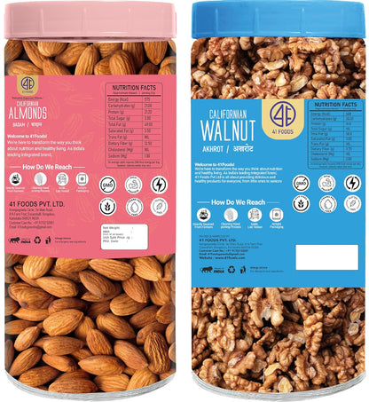 41 Foods Premium Dry Fruits Combo of Almonds and Walnuts | 1 KG (500g x 2)